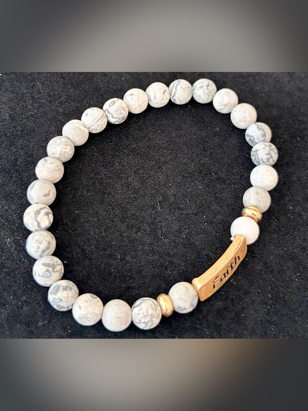 NIB Faith Beaded Stretch Bracelet in White Marble with Gold Accent - Picture 2 of 4